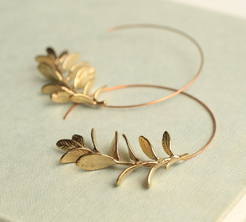 Rosemary Hoop Earrings, Gold Leaf Hoop Earrings, Twig Branch Earrings, Nature Plant Leaf Eearrings, Woodland Earrings, ROSEMARY HOOPS Gold Plated