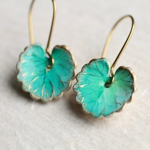 Turquoise Leaf Earrings, Art Nouveau, Arts and Crafts Lily Pad, Green Leaf Earrings, Boho Turquoise Long Earrings, STANDARD LEAF EAR image 7