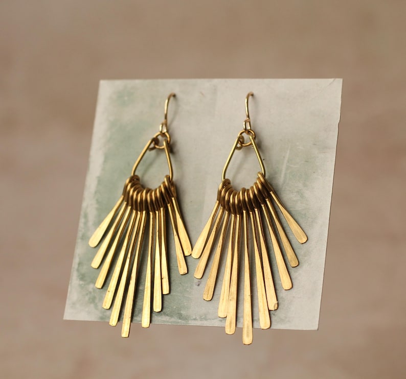 Gold Fringe Earrings: Statement Chandelier Brass Earrings for Party, Art Deco Jewelry image 4