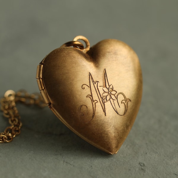 Monogram Heart Locket Necklace: Personalized Photo Engraved Brass Pendant, LKGP-33