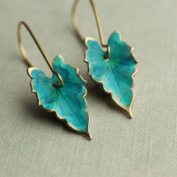 Turquoise Leaf Earrings: Art Nouveau Enamel Woodland Jewelry