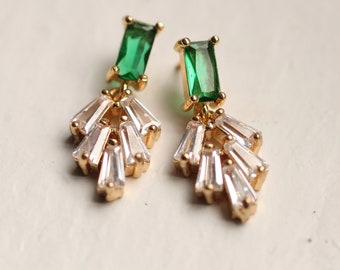 Art Deco Emerald Earrings, Art Nouveau, Baguette Rectangle, Forest Green, Emerald Green Diamond Drop Earrings 1920s Gatsby, EM BAGUETTE W/CC