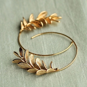 Gold Rosemary Leaf Hoop Earrings: Botanical Twig Branch Design