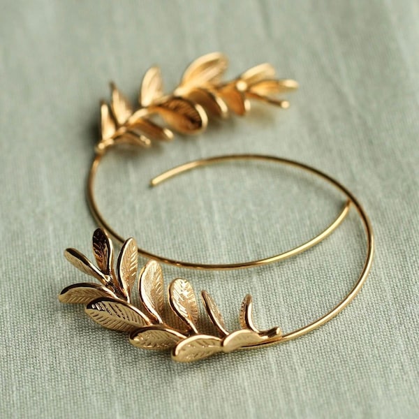 Botanical Leaf Hoop Earrings: Gold Silver Earrings for Nature Lovers, Bohemian Statement Jewellery