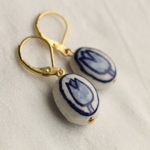 Delft Blue Tulip Earrings: Porcelain Ceramic Flower Jewelry