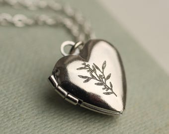 Silver Engraved Heart Locket with Photos: Dainty Personalized Custom Pendant LKSP-24