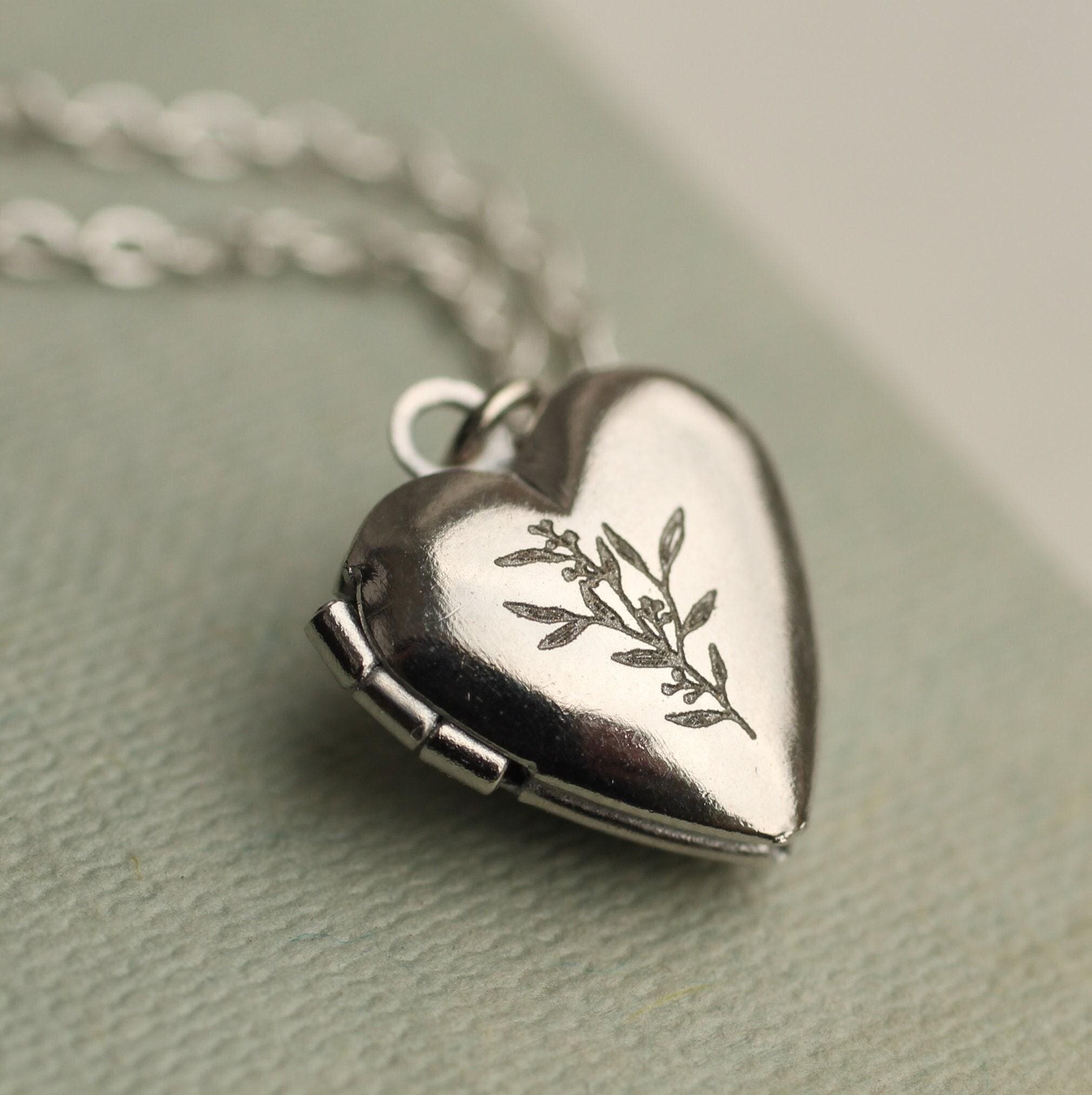 Silver Engraved Heart Locket with Photos: Dainty Personalized Custom Pendant LKSP-24