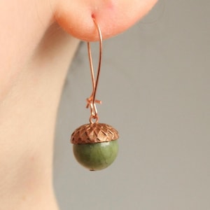 Moss Olive Green Acorn Earrings: Jewelry for Autumn & Fall, Copper and Gemstone