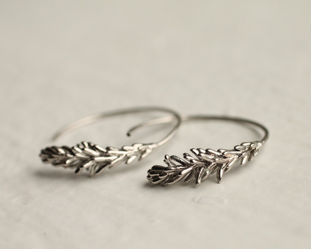 Rosemary Hoop Earrings, Silver Leaf Hoop Earrings, Twig Branch Earrings