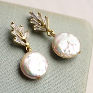 Art Deco Earrings with Freshwater Pearl: 1920s Bridal Wedding Jewelry