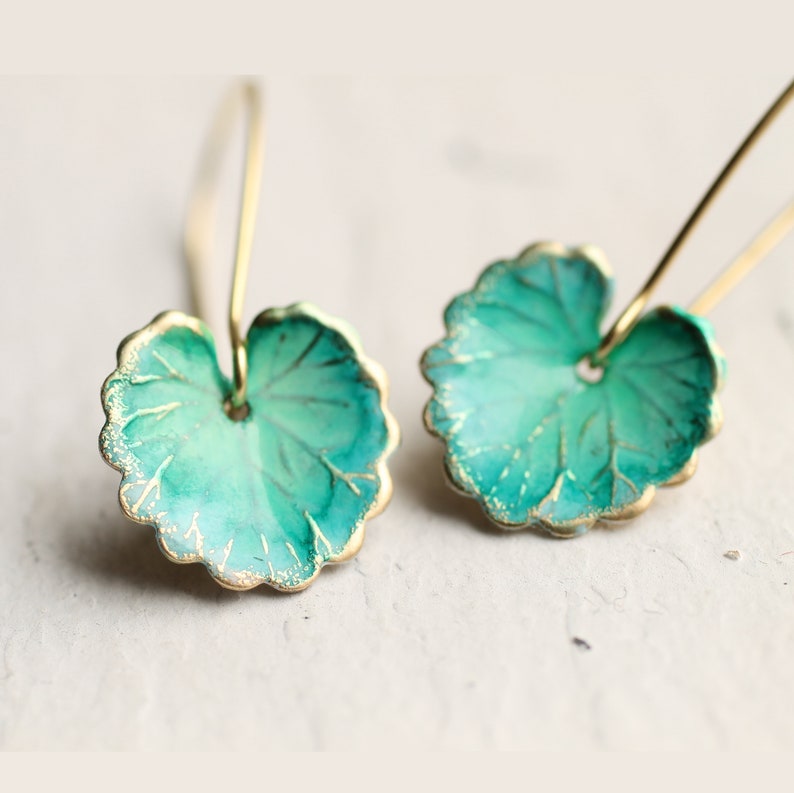 Turquoise Leaf Earrings, Art Nouveau, Arts and Crafts Lily Pad, Green Leaf Earrings, Boho Turquoise Long Earrings, STANDARD LEAF EAR zdjęcie 6