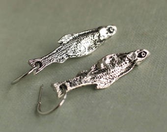 Silver Sardine Hoop Earrings: Realistic Fish Charm, Novelty Jewelry