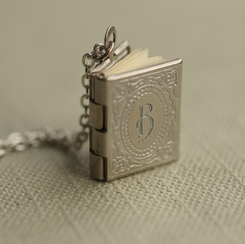 Silver Book Locket Necklace, Locket with Photo, Engraved Necklace for Sister, Initial Necklace, Graduation Locket, SILVER VICT BOOK image 1