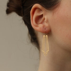 Gold Art Deco Earrings, Minimalist Gold Earrings, Gold Geometric Drop Earrings, Geometric Chrysler Vintage Modern CUTOUT CHRYSLER EAR Gold image 5