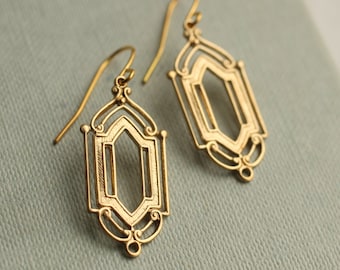 Pendientes Art Déco de oro, pendientes de la década de 1920, pendientes de araña geométricos, pendientes vintage de latón de todos los días, pendientes colgantes de oro, PUERTA DE ORO