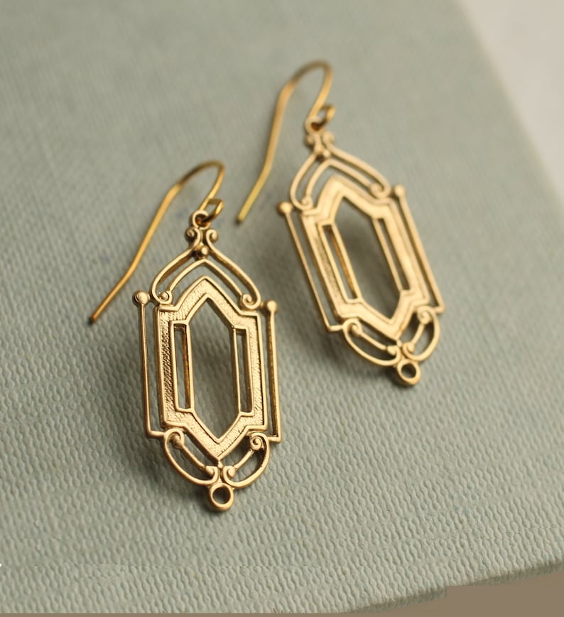 Gold Art Deco Earrings, 1920s Earrings, Geometric Chandelier Earrings, Every Day Brass Vintage Earrings, Gold Drop Earrings, GOLDEN GATE image 1