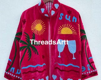 Handmade Velvet Suzani Jacket, Flowers Embroidered Winter Coat Jackets, Indian Handamade Velvet Embroidery Jacket, Gifts For Her