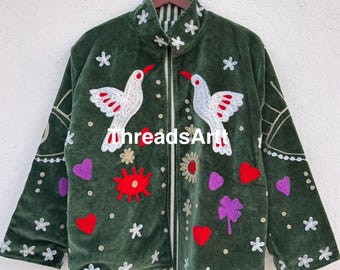 Indian Suzani Embroidery Jacket, Velvet Suzani Coat, Winter Wear Jacket Coat, Suzani Short Jacket, Hand Embroidered Jacket For Women