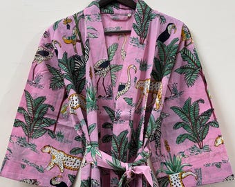 Dusty Pink Cotton Kimono Robes Dressing Gown, Block Print Bridesmaid, Summer Nightwear, One Size, Christmas Gift