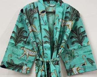Jungle Safari Print Cotton Kimono Robes Teal Turquoise Beautiful Cotton Kimono Bridesmaid Gifts