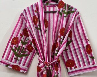 Hand Block Print Cotton Kimono Robe - Pink Floral Dressing Gown, Bridesmaid Gift, Summer Nightwear