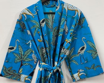Hand Block Print Cotton Kimono Robe, Turquoise Blue Jungle Safari Dressing Gown, Bridesmaid Gift, Summer Nightwear, Christmas Gift