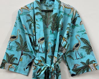 Aqua Blue Cotton Kimono Robes Dressing Gown,Block Print Bridesmaid, Summer Nightwear, Gifts For Bridesmaid