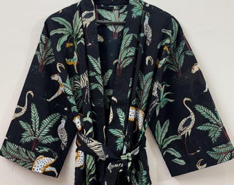 Tiger Print Cotton Kimono Robes Dressing Gown, Block Print Bridesmaid, Summer Nightwear, One Size, Christmas Gift