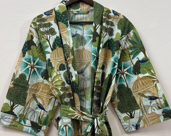 Cotton Kimono Robe Dressing Gown, Block Print Bridesmaid Robe, Summer Nightwear, One Size