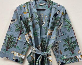 Grey Kimono Robes Dressing Gown, Block Print Bridesmaid, Jungle Safari Print Night Suit, Summer Nightwear, Gifts For Bridesmaid