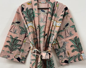 Peach Pink Cotton Kimono Robes Dressing Gown, Block Print Bridesmaid, Summer Nightwear, One Size, Christmas Gift