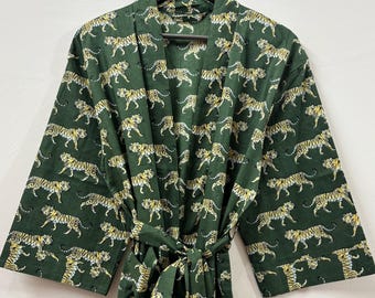 Tiger Print Cotton Kimono Robes Dressing Gown, Block Print Bridesmaid, Summer Nightwear, One Size, Christmas Gift
