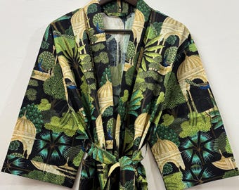 Cotton Kimono Robe Dressing Gown, Block Print Bridesmaid Robe, Summer Nightwear, One plus Size women robes dress boho bathrobe lightweight