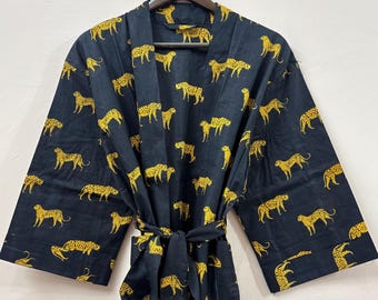 Tiger Print Cotton Kimono Robes Dressing Gown, Block Print Bridesmaid, Summer Nightwear, One Size, Christmas Gift