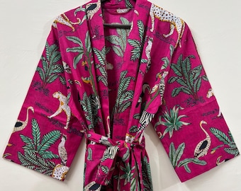 Cotton Kimono Robes Dressing Gown,Block Print Bridesmaid, Summer Nightwear,One Size