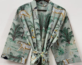 Sage Green Kimono Robes Dressing Gown, Block Print Bridesmaid, Jungle Safari Print Night Suit, Summer Nightwear, Gifts For Bridesmaid