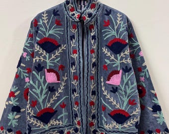 Grey Velvet Suzani Jacket, Floral Embroidery Jacket, Reversible Velvet Jacket, Bridal Gifts, Gifts For Her, Winter Jacket, Gifts For Women