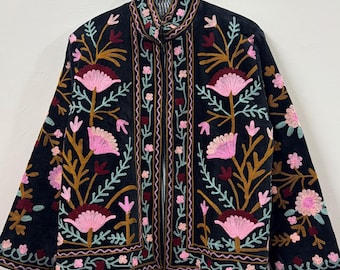 Velvet Suzani Jacket, Hand Embroidered Sujani Jacket, Bohemian Embroidery Reversible Jacket, Black Jacket, Gifts For Her, Personalised Gifts