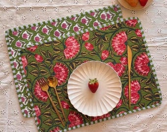 Cotton Quilted Placemats, Reversible Floral Dining Mats, Wedding Decor, Hand Block Printing, Christmas Set of 4 6 8 10 Table Mats