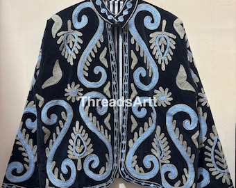 Velvet Suzani Jacket, Hand Embroidered Sujani Jacket, Bohemian Embroidery Reversible Jacket, Black Jacket, Gifts For Her, Personalised Gifts