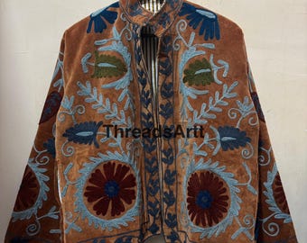Velvet Hand Embroidered Suzani Jacket - Velvet Cotton Suzani Jacket, Velvet Fabric - Bohemian Women Suzani Coat - Embroidered Suzani Jacket