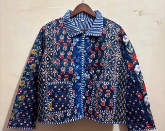 Gorgeous Blue 100% Cotton Handmade Reversible Light Weight Quilted Short Jacket, Women Wear New Style Coat, Partywear, Gift For Her