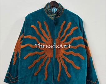 Teal Blue Reversible Suzani Jacket, Embroidered Suzani Jacket, Bohemian Winter Jacket, Velvet Jacket, Gifts For Her, Personalized Gifts