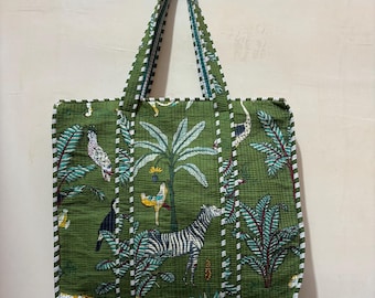 Cotton Quilted Tote Bags, Eco Friendly Shoulder Hand Bags Women Party Wear Floral Print Quilting Handmade Bags, Weekend Travel Bag, Gifts