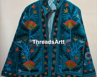 Petrolblaue Samtjacke, gestickte Suzani Einzigartige Jacke, Boho Winterjacke, Samtjacke, Geburtstagsgeschenke, Geschenke für sie, Geschenke