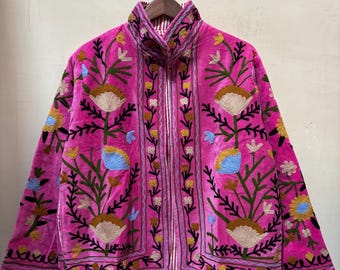 Handgemachte Samt Suzani gestickte Jacke, Baumwoll Suzani Mantel, Winter tragen Jacke Mantel, Suzani kurze Jacke, Geschenke für sie, Geschenke für Frauen