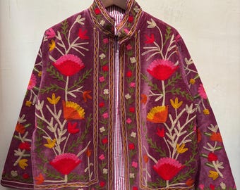 Velvet Floral Suzani Embroidered Jacket, Cotton Suzani Coat, Winter Wear Jacket Coat, Suzani Short Jacket, Gifts For Her, Gifts For Women