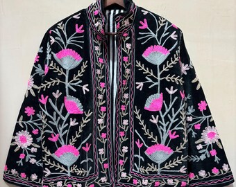 Velvet Suzani Jacket, Hand Embroidered Sujani Jacket, Bohemian Embroidery Reversible Jacket, Black Jacket, Gifts For Her, Gifts