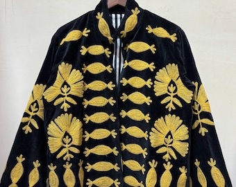Black Velvet Suzani Jacket, Handmade Boho Embroidery Reversible Jacket, Winter Jacket, Vintage Ethnic Jacket, Gift For Her, Gifts For Women
