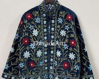Velvet Floral Suzani Embroidered Jacket, Cotton Suzani Coat, Winter Wear Jacket Coat, Suzani Short Jacket, Gifts For Her, Gifts For Women